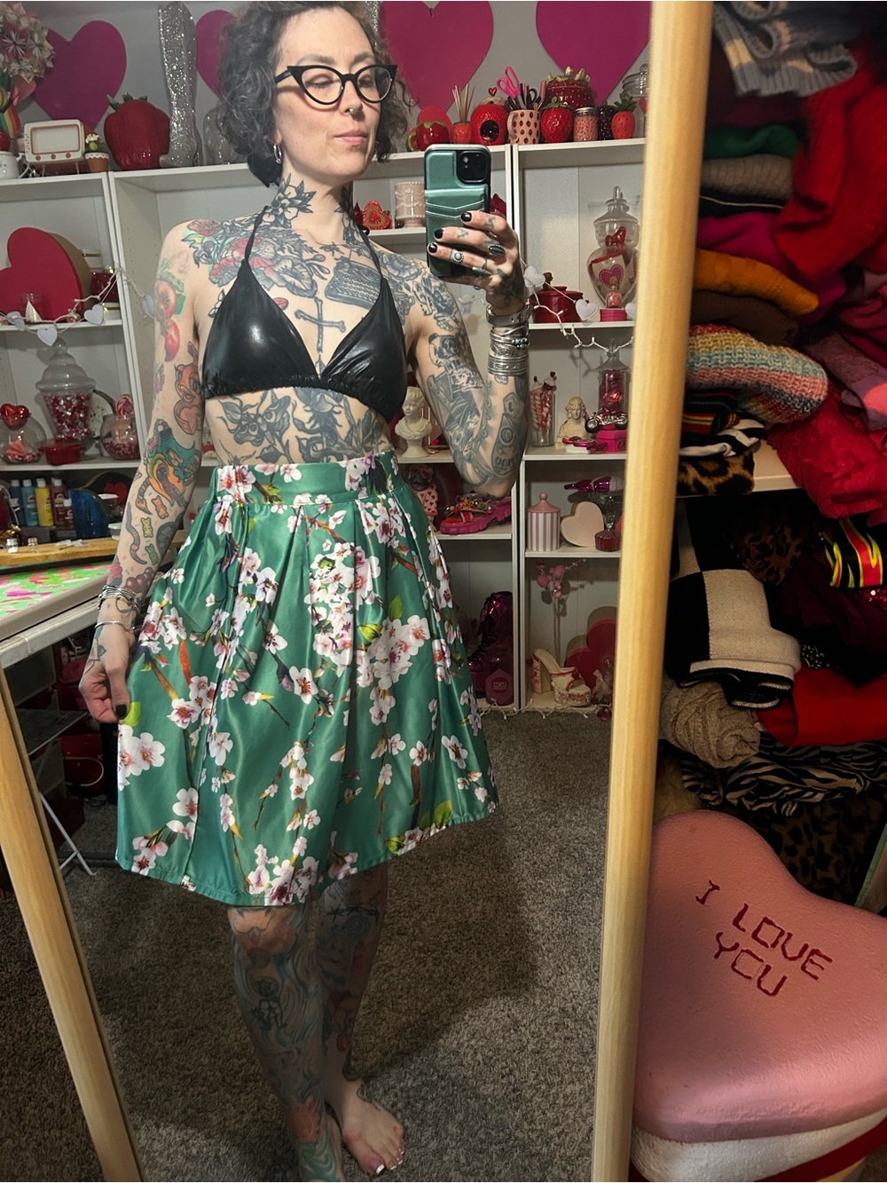 Choies Brand Green Floral Zipper A-Line Skirt - Women size Small